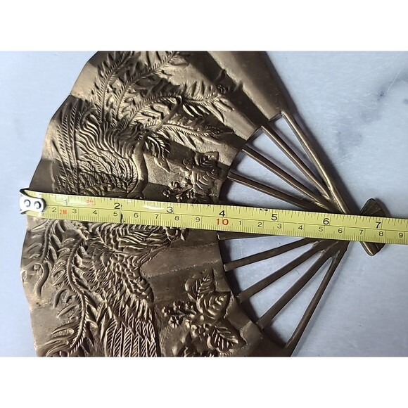 Solid Brass Mid-Century Asian Fan With Phoenix Wall Decor Vintage, Set Of Three - Picture 7 of 10